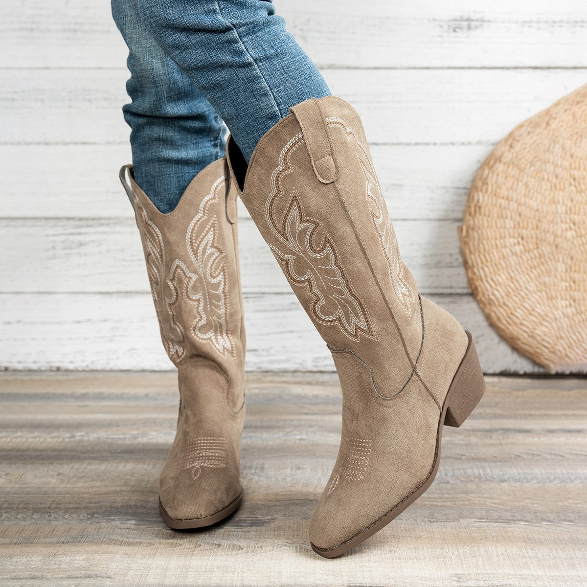 Women’s Embroidered Cowboy Boots – Pointed Toe Western Mid Heel Boots Khaki CJ Dropshipping Pink Cowgirl Boots