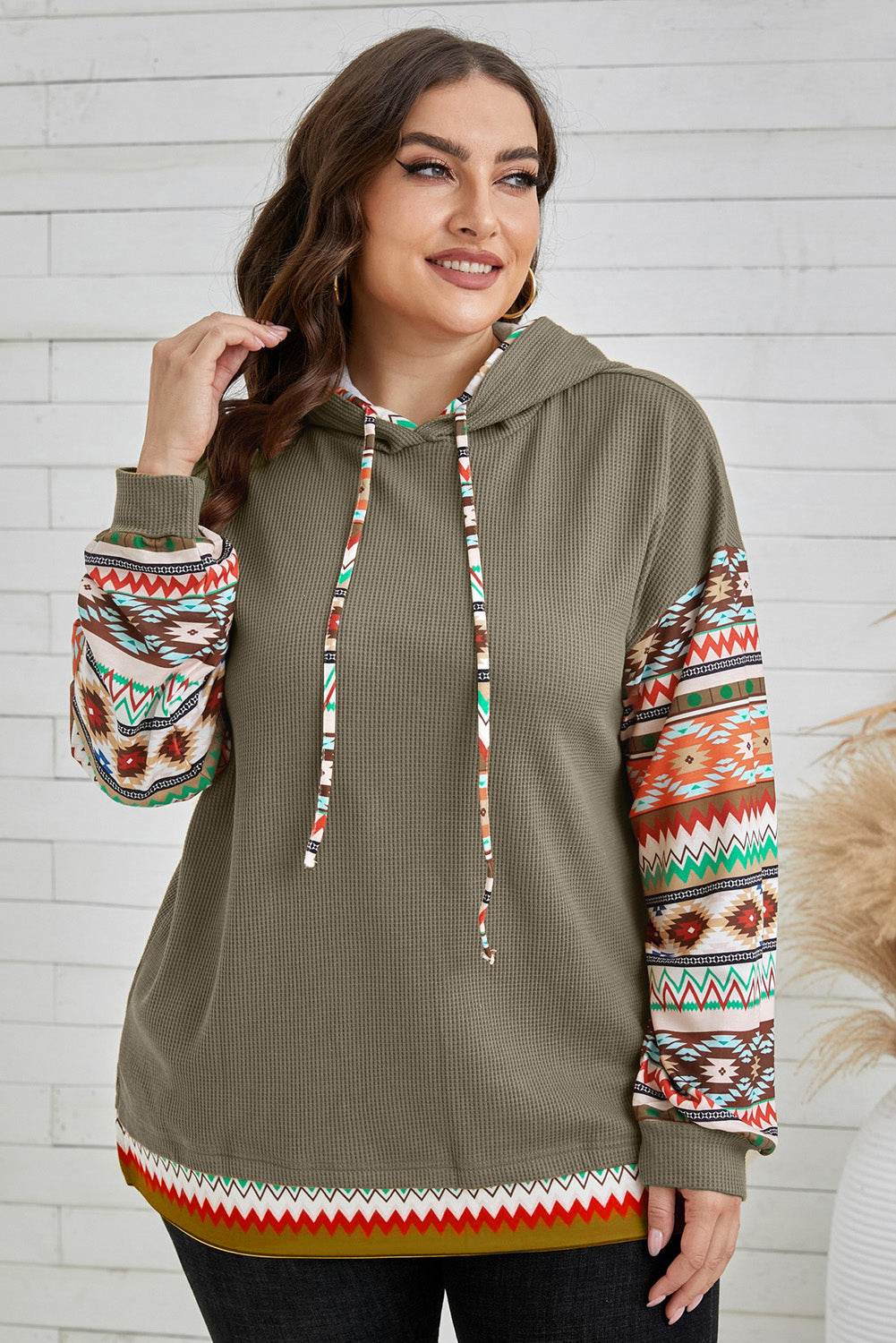 Army Green Aztec Sleeve Hoodie