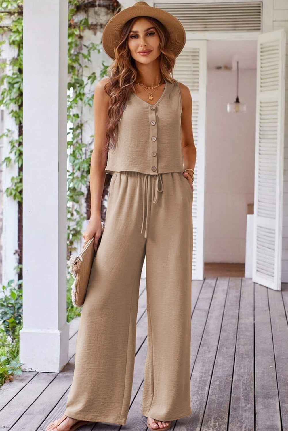 Goat Buttoned Vest and Drawstring Wide Leg Pants Set
