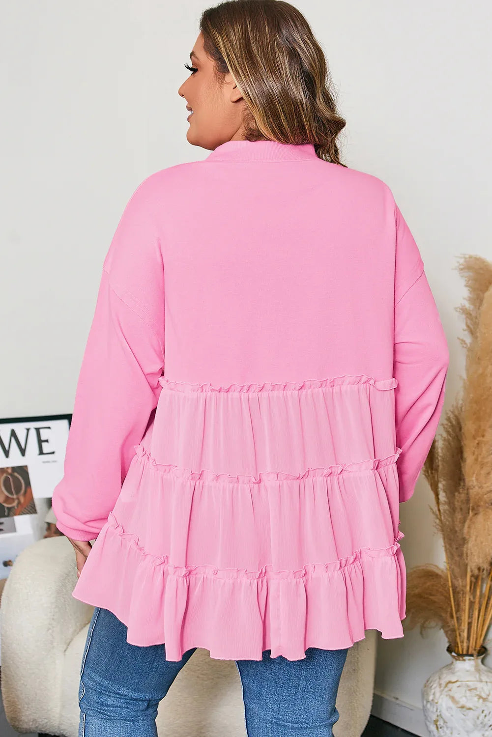 Tiered Ruffle Ribbed Crew Neck Long Sleeve Top Bazarre Mart Plus Size/Plus Size Tops/Plus Size Blouses & Shirts