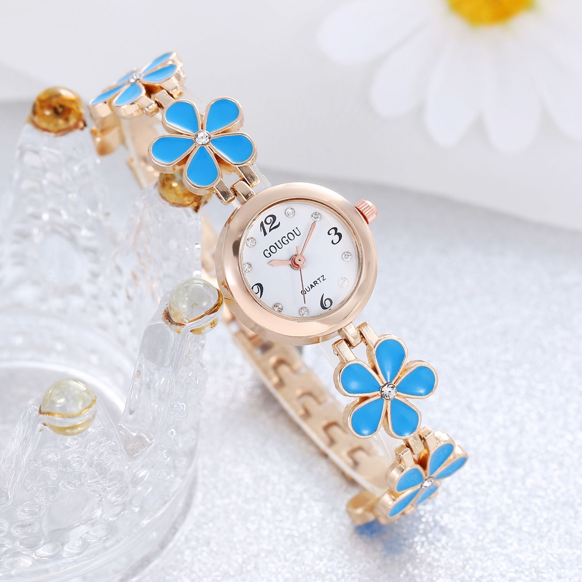 Blue  Flower Watch and Rhinestone Bracelet Set