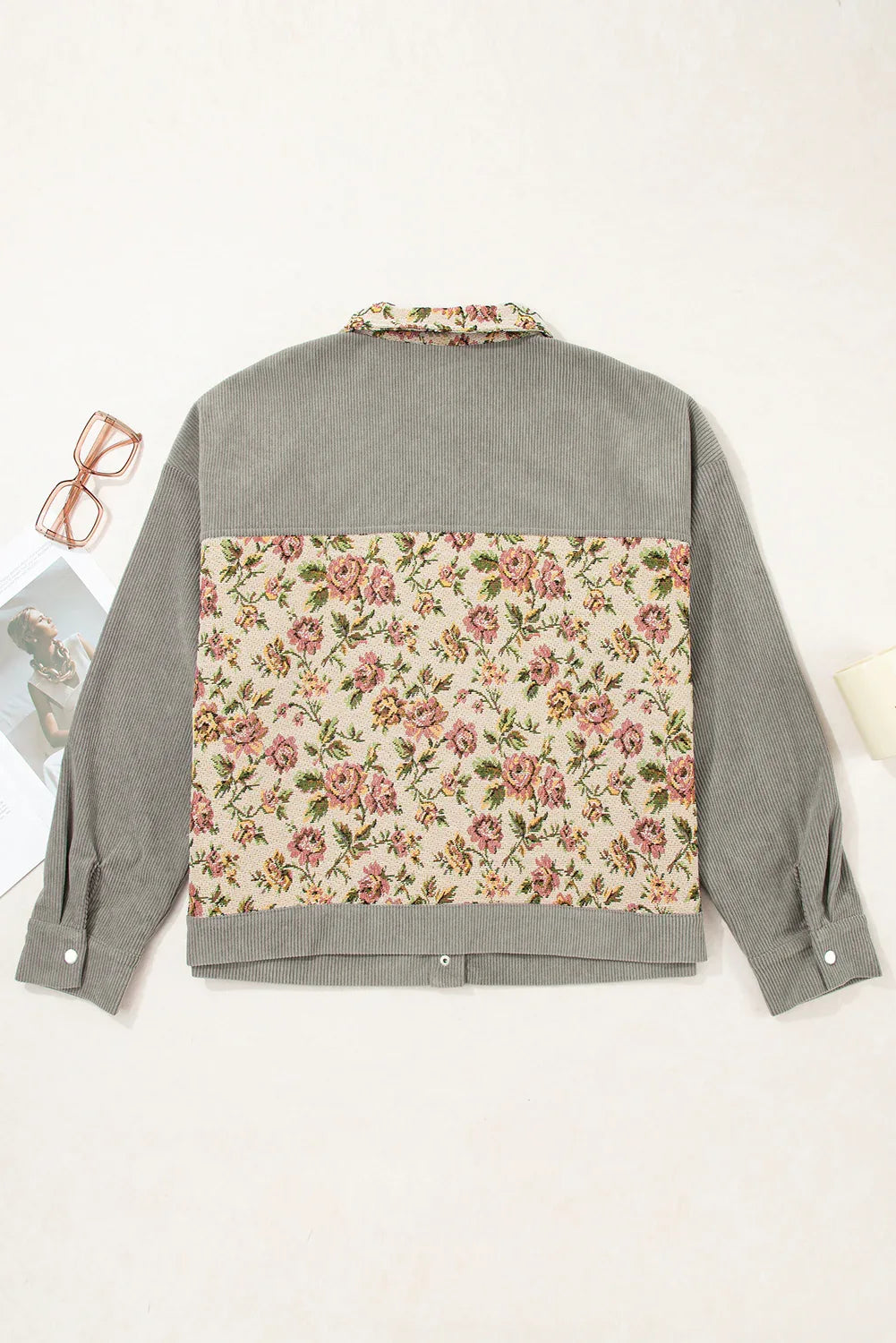 Medium Grey Corduroy Floral Patchwork Vintage Jacket
