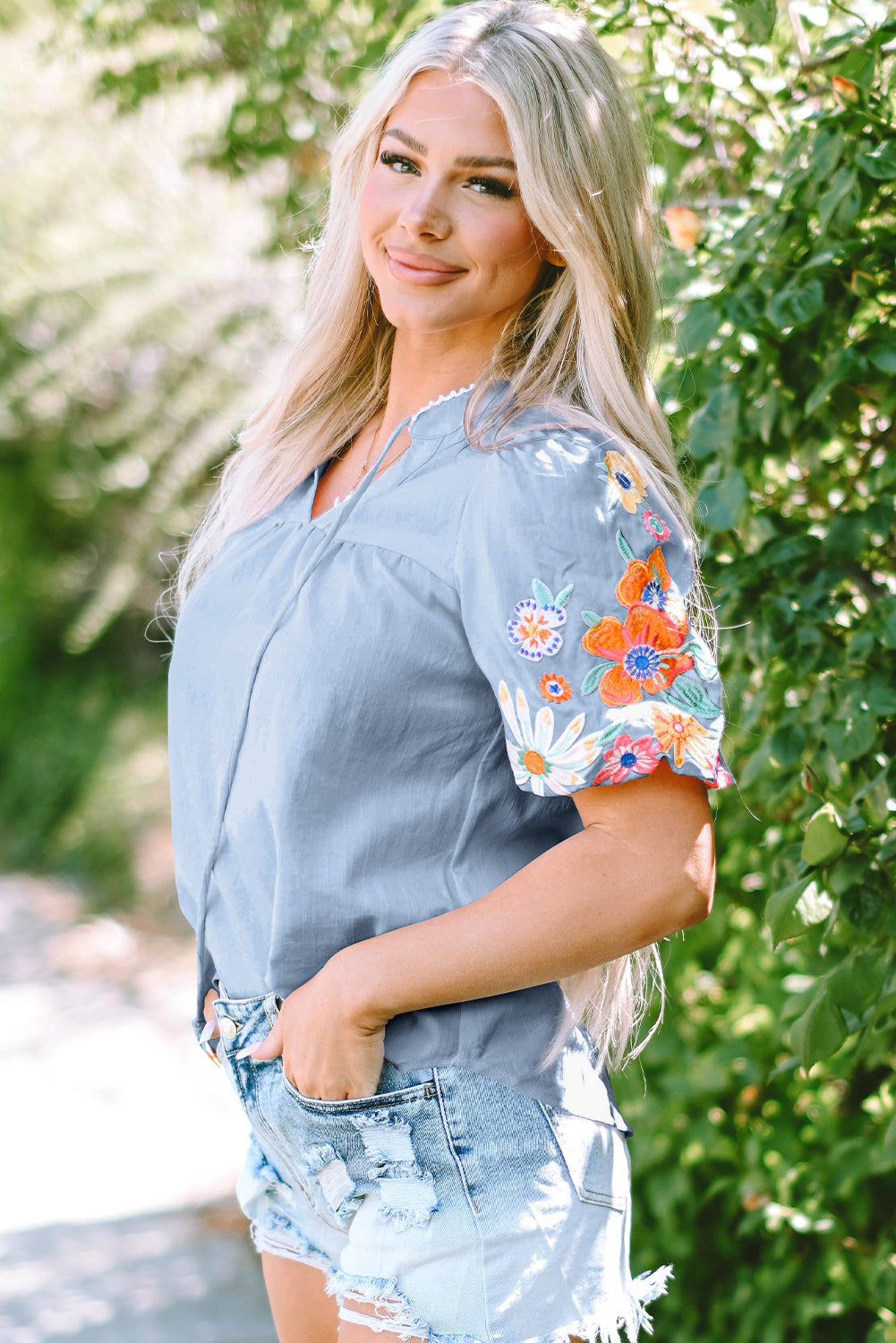 Light Blue Floral Embroidered Puff Sleeve Split Neck Blouse