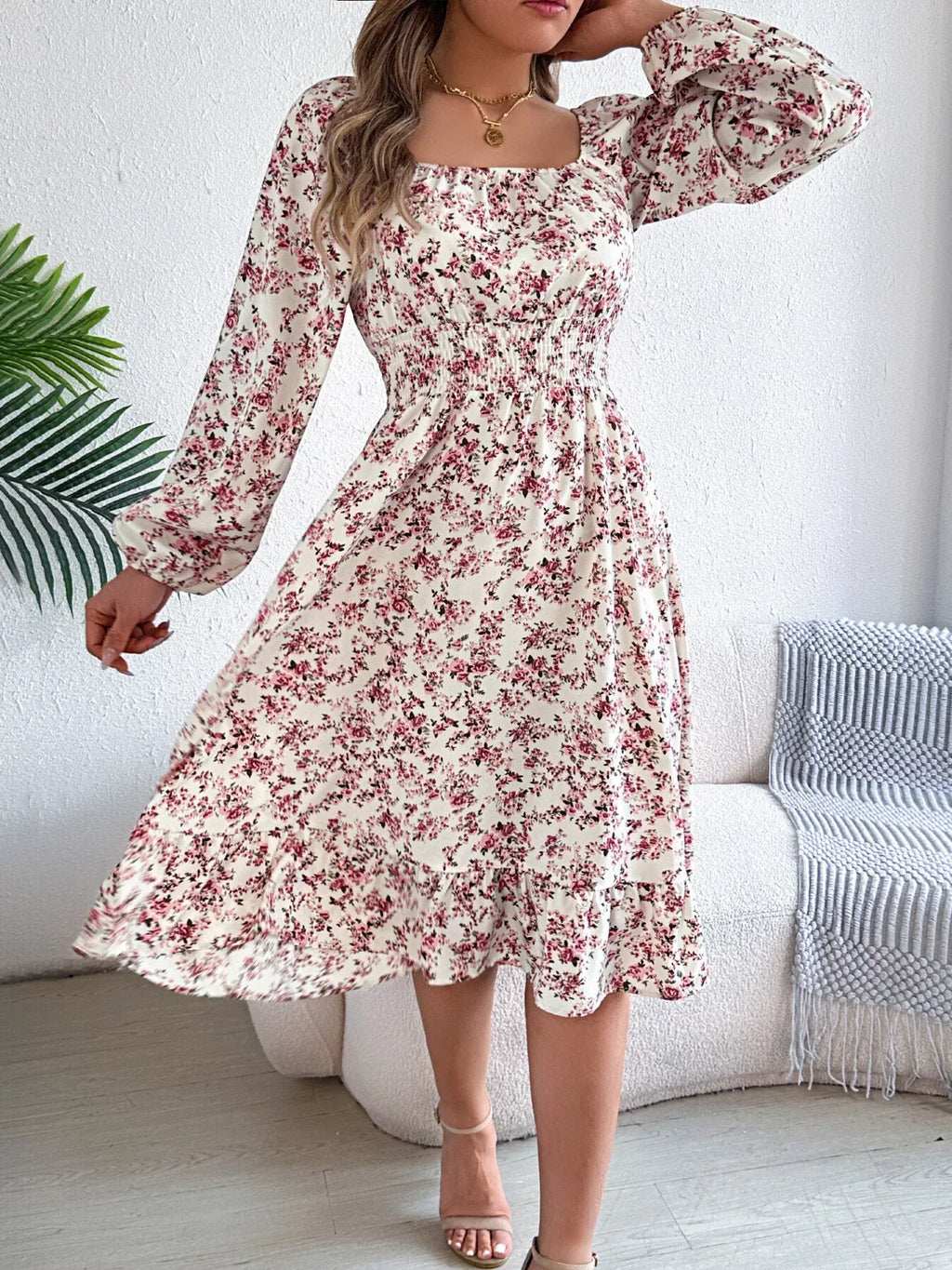 Floral Long Sleeve Square Neck Midi Dress Bazaare Mart Long Sleeve Floral Peasant Dress