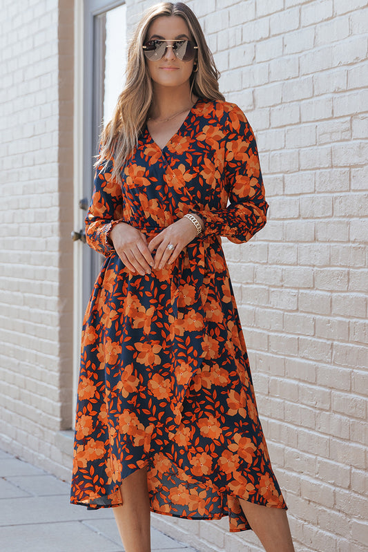 Orange Leaf Long Sleeve Wrap Midi Dress