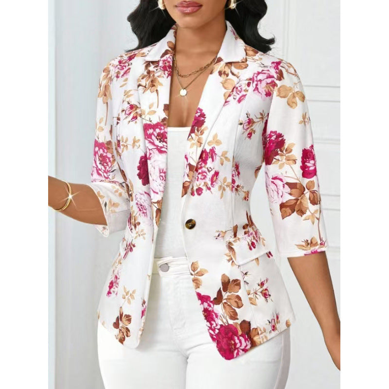 Retro 3/4 Sleeve Rose Print Blazer Rose Red CJ Dropshipping Classic Floral Blazer