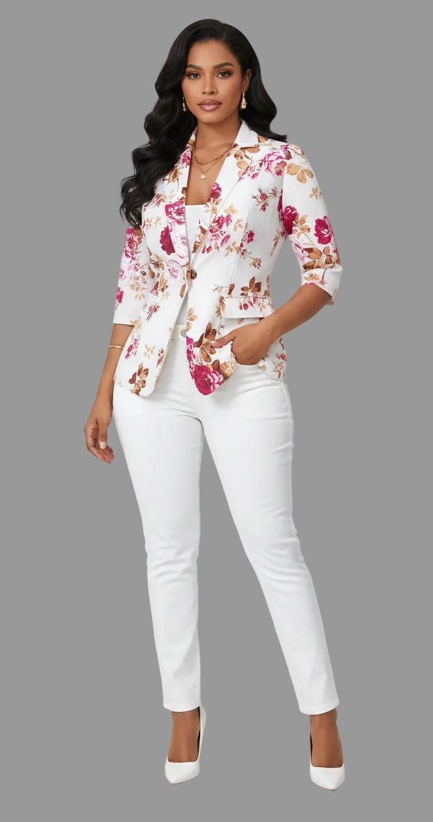 Retro 3/4 Sleeve Rose Print Blazer CJ Dropshipping Classic Floral Blazer