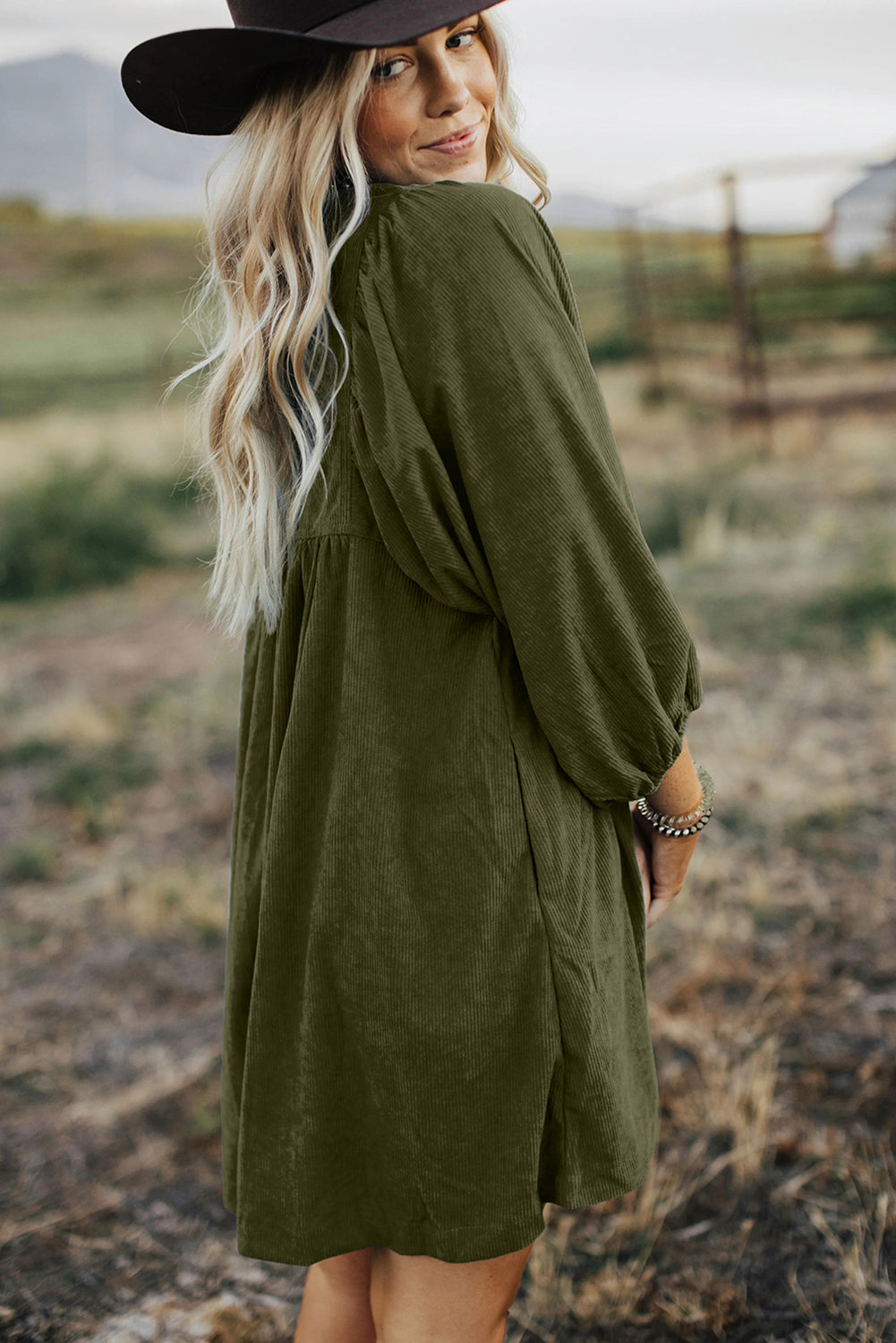 Green Corduroy Empire Waist Dress