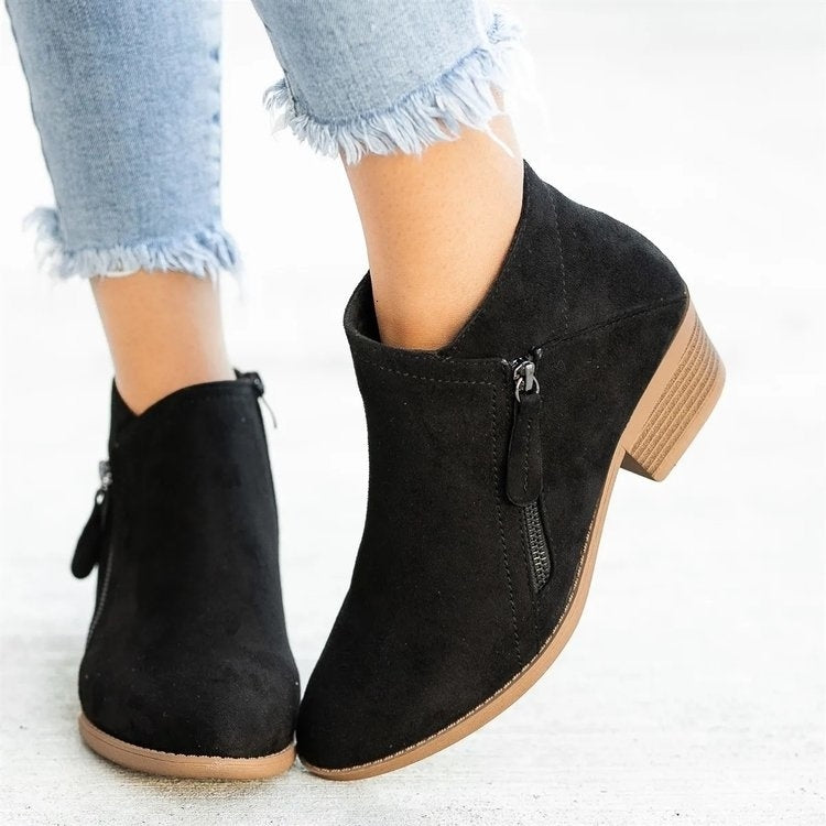 Low Heel Side Zipper Ankle Boots