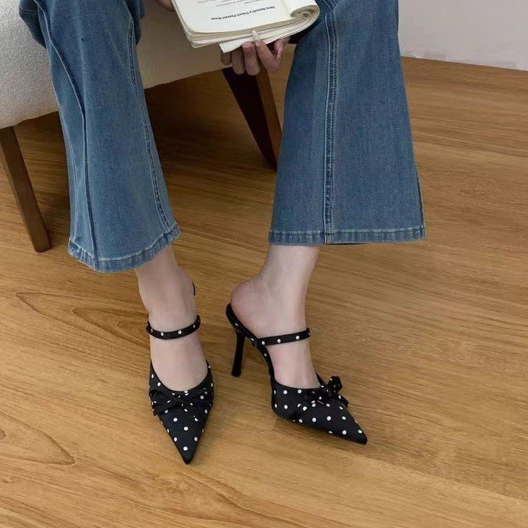 B&W Polka Dot Pointed Toe High Heel Mule Sandals Black CJ Droppshipping B&W Polka Dot Pointed Toe Heels