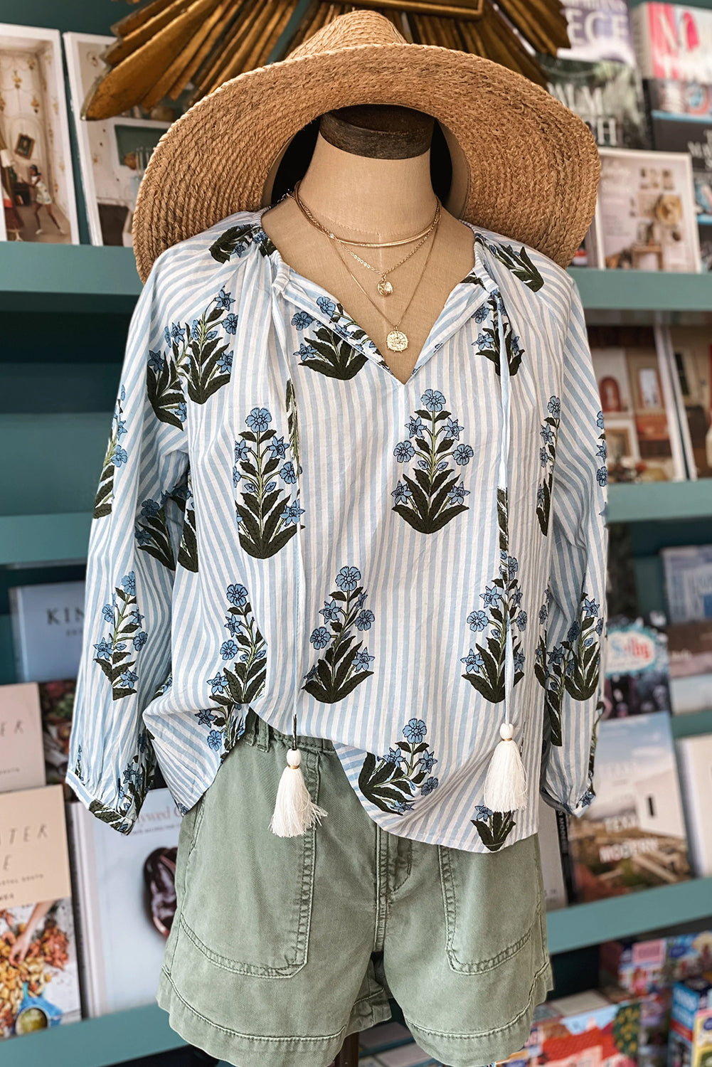 Blue Striped Floral Long Sleeve V Neck Blouse