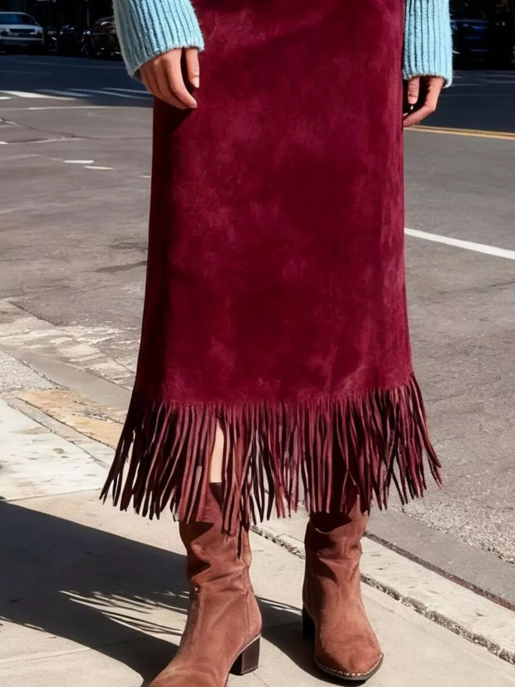 Suede Fringe Midi Skirt Trendsi Suede Fringe Midi Skirt