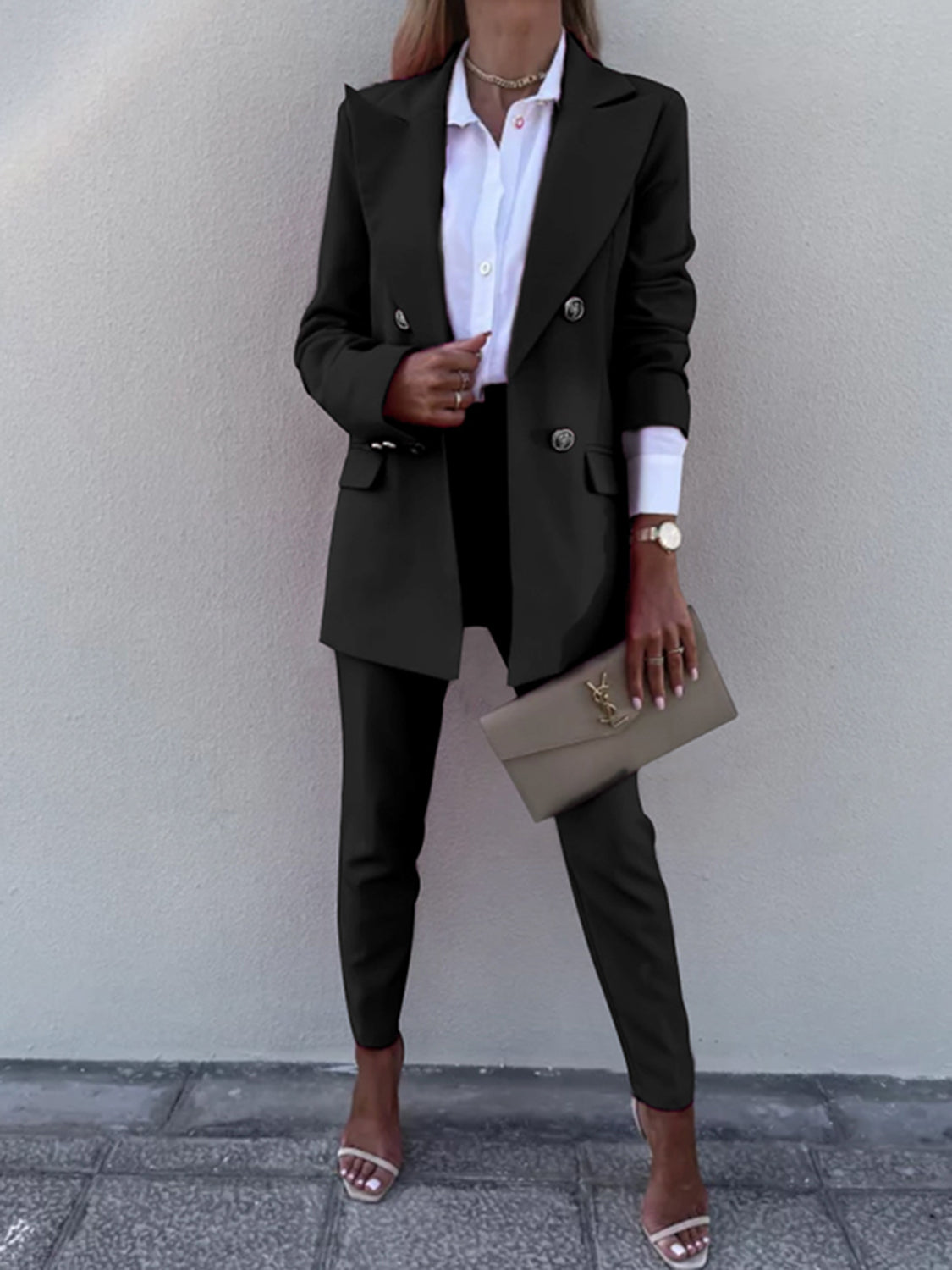 Black Double Breasted Lapel Collar Pants Suit