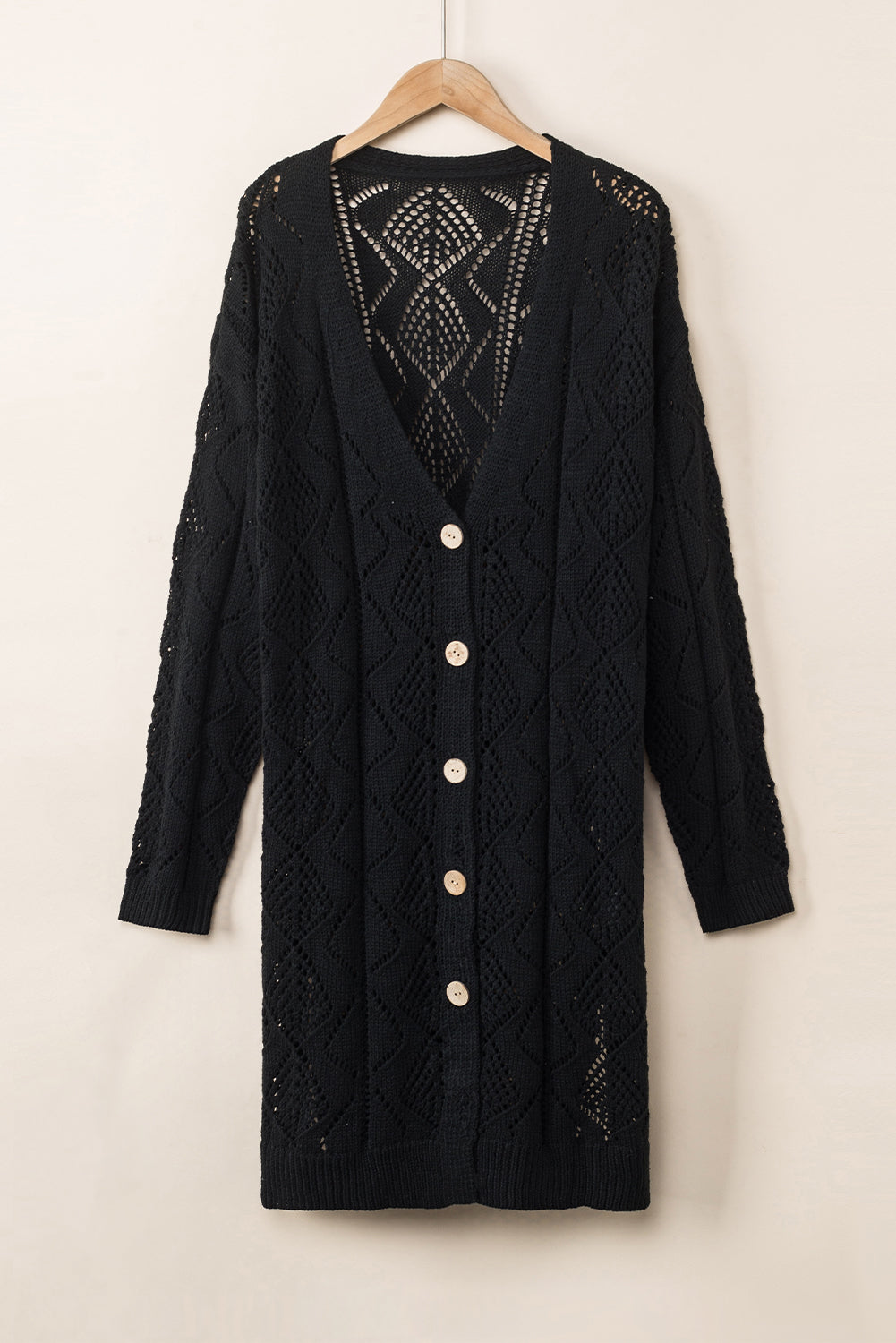 Khaki Openwork Knit Long Cardigan