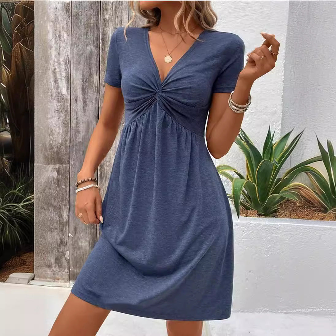 Women’s V-Neck Twist Waist Midi Dress – Short Sleeve Elegant Casual Dress CJ Dropshipping Short Sleeve V-Neck Dress
