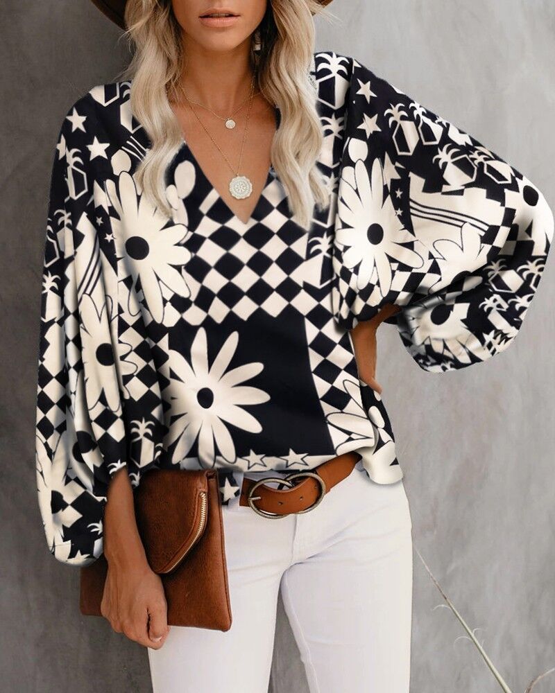 V-Neck Balloon Sleeve Floral Tops