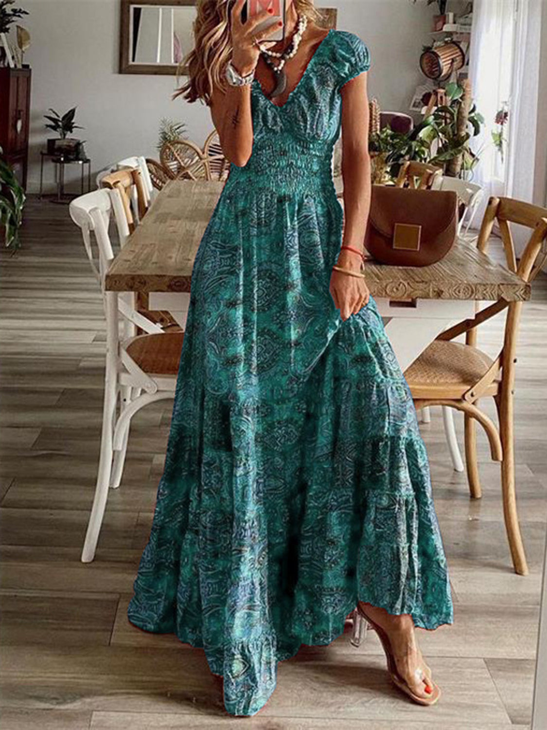 Turquoise Floral Puff Short Sleeve Maxi