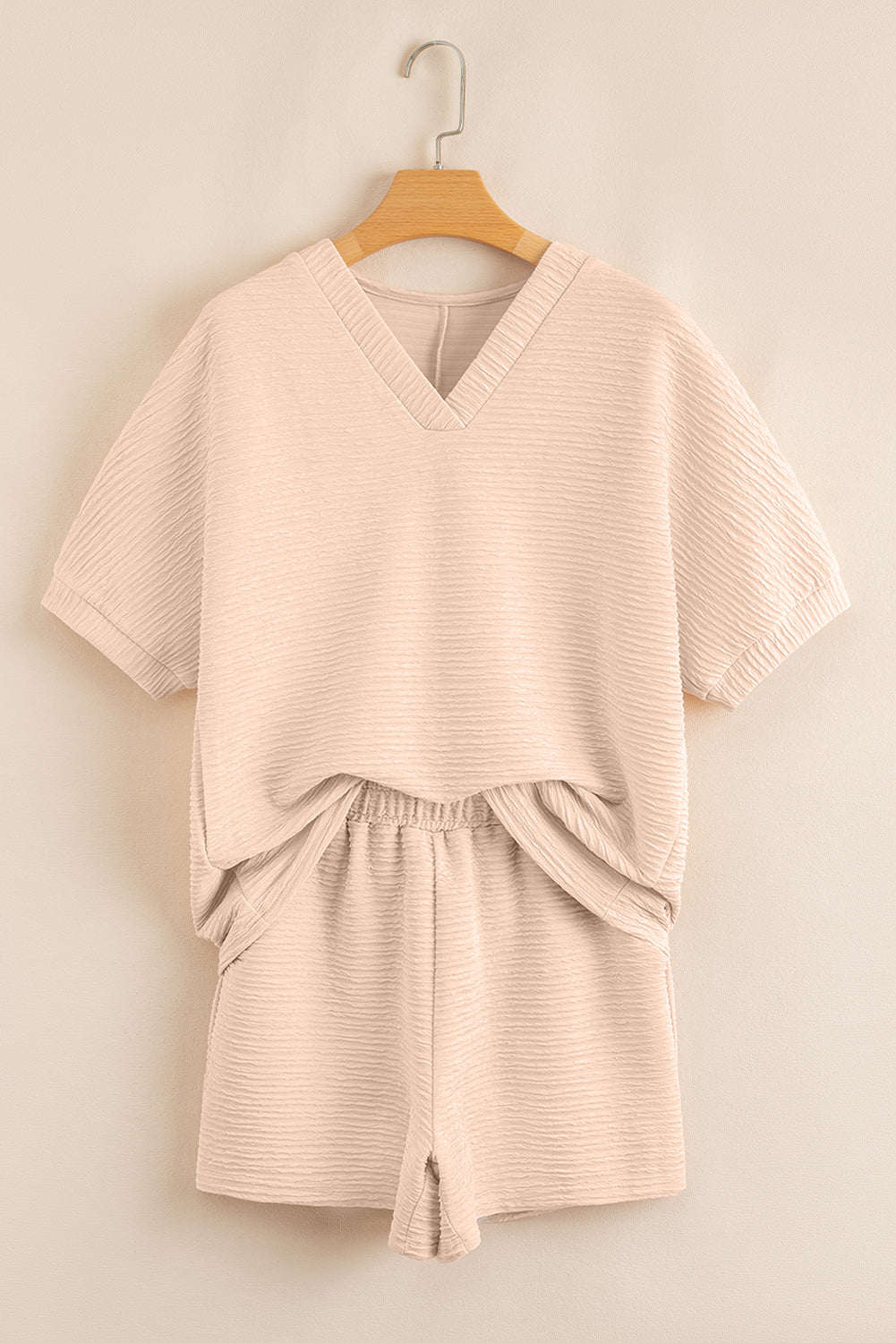 Women’s Textured Shorts Set – V-Neck Tee & Pocketed Drawstring Shorts Outfit Dear-Lover Dropshipping Two Piece Sets/Short Sets