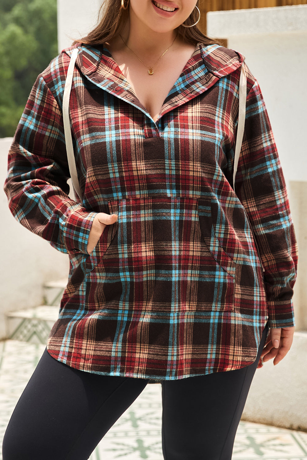 Red & Brown Plus Size Plaid Kangaroo Pocket Drawstring Hoodie