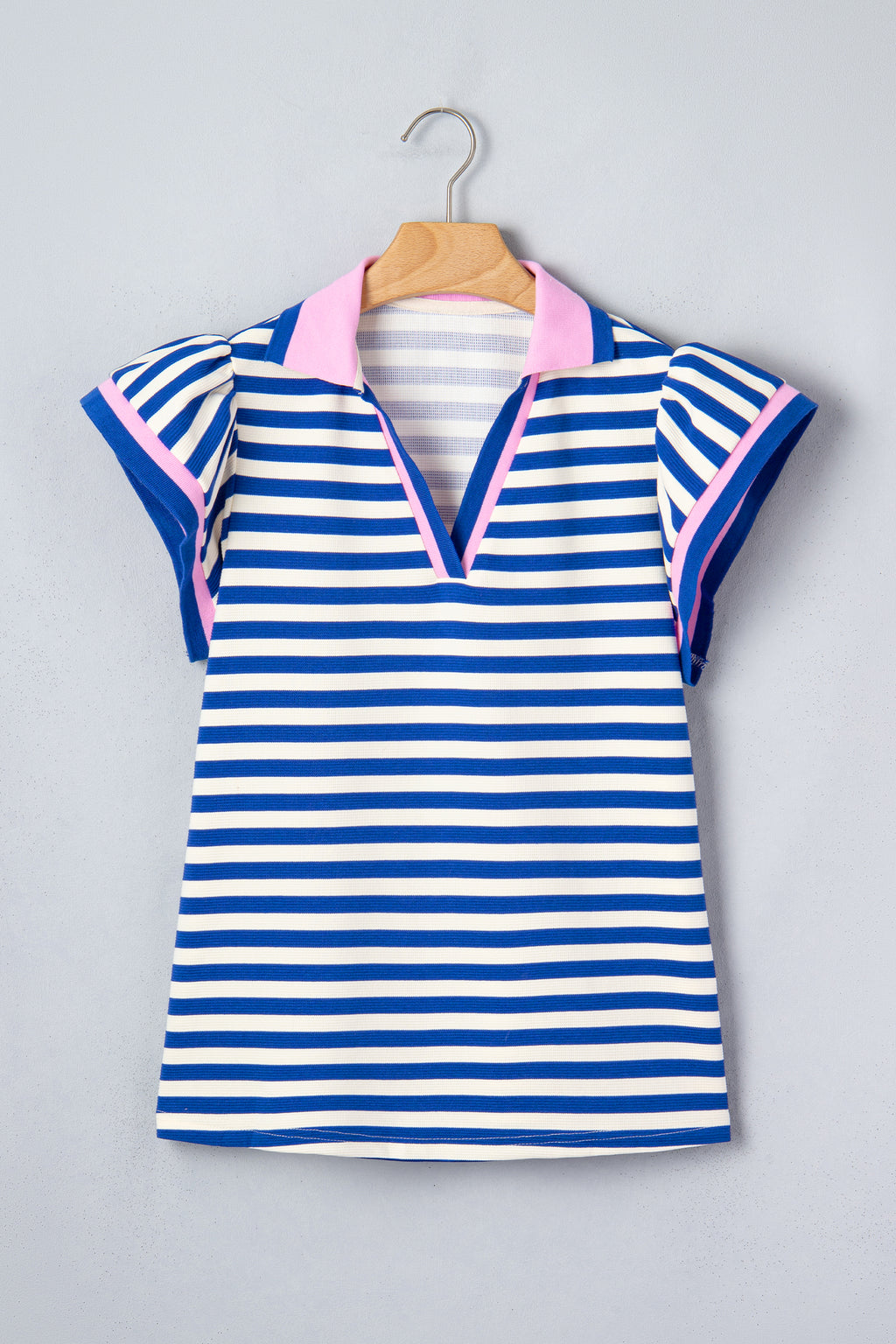 Striped Polo Collar Blouse – Contrast Trim Ruffle Sleeve Casual Women’s Top Dear-Lover Dropshipping Tops/Blouses & Shirts