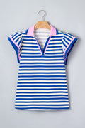 Striped Polo Collar Blouse – Contrast Trim Ruffle Sleeve Casual Women’s Top Blue Stripe 62%Polyester+32%Cotton+6%Elastane Dear-Lover Dropshipping Tops/Blouses & Shirts