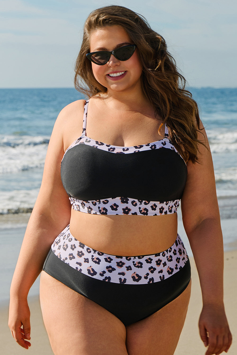 Black 2pcs Leopard Edge Plus Size High Waisted Swimsuit