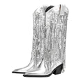 Silver Tassel Pointed Toe Knee High Boots Silver Bazaare Mart Sequin Tassel Cowgirl Boots