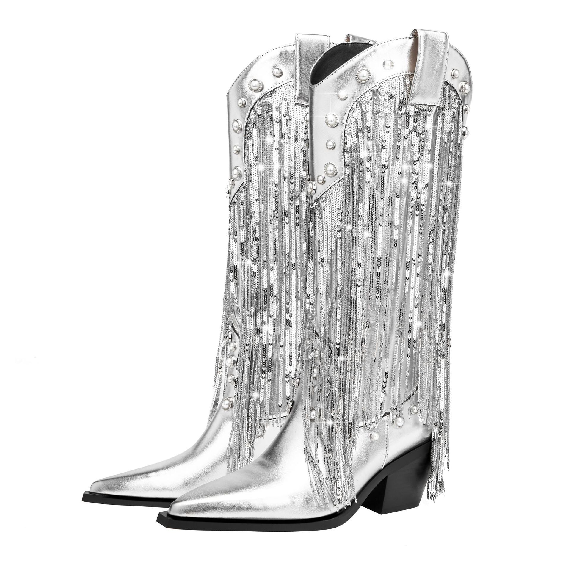 Silver Tassel Pointed Toe Knee High Boots