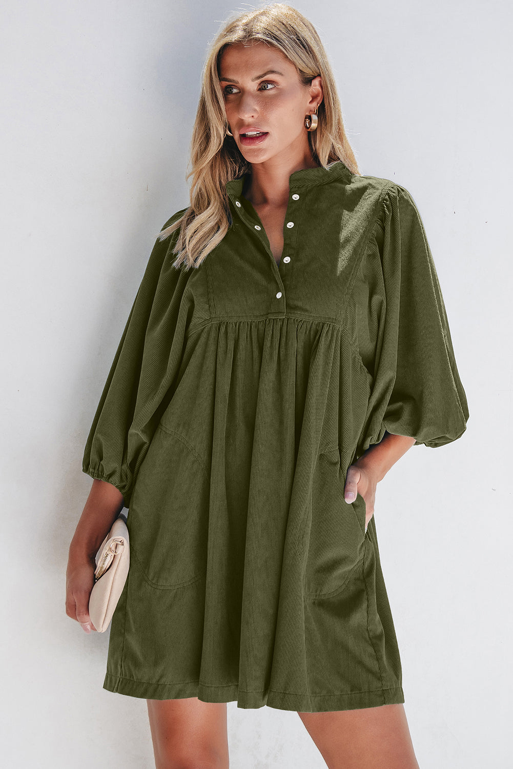 Army Green Corduroy 1/4 Snap Empire Waist Bracelet Sleeve Dress
