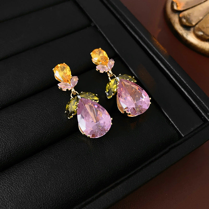 Colorful Zircon Water Drops Leaf Necklace and Matching Earrings Silver Needle Gold CJ Dropshipping Colorful Floral Gemstone Jewelry Set