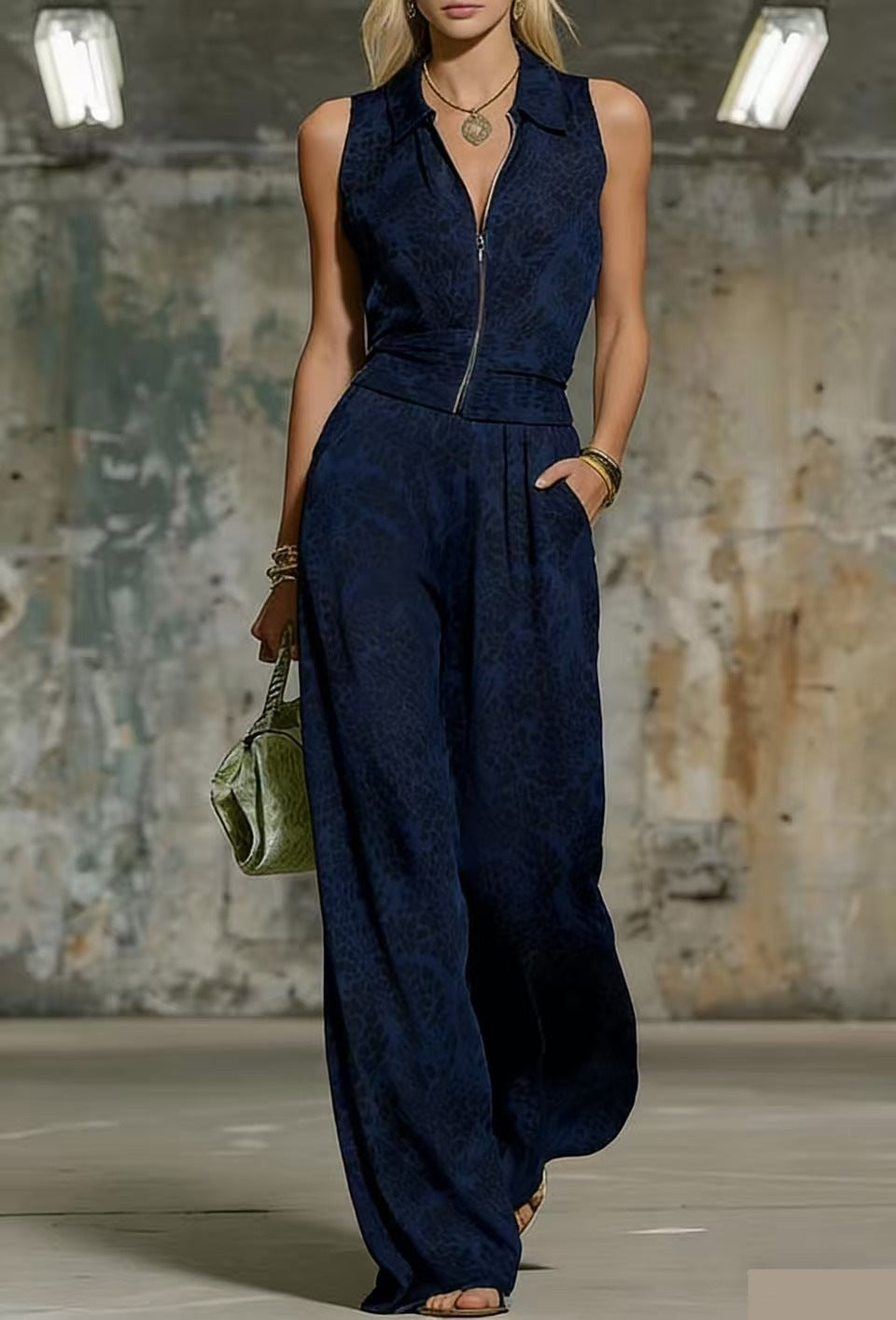 Cool Printed Zip-Up Sleeveless Top & Matching Wide Leg Pants Set Black CJ Dropshipping Solid Color Jumpsuit