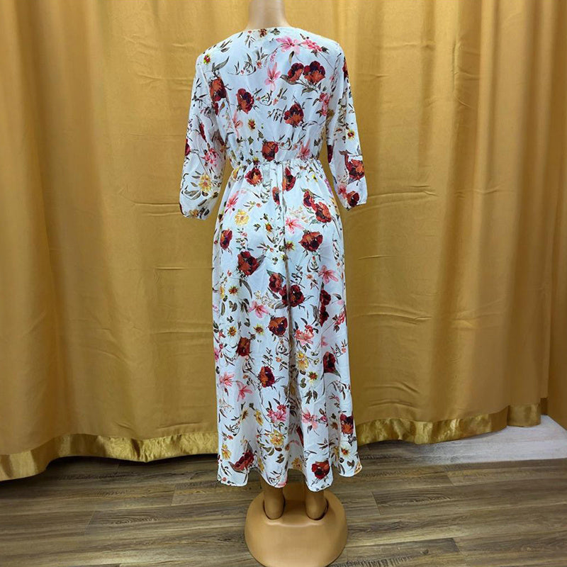 Elegant White with Red Floral Half Sleeve Midi Dress