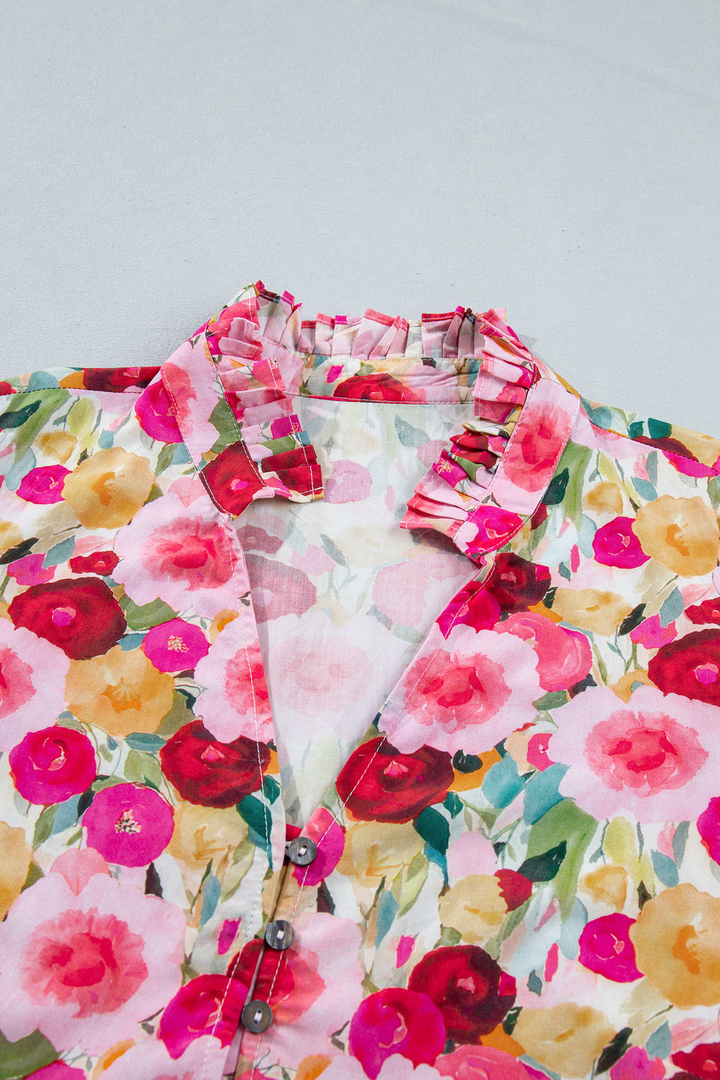 Plus Size Floral Split V-Neck Top – Puff Sleeve Button Detail Blouse Dear-Lover Dropshipping Plus Size/Plus Size Tops/Plus Size Blouses & Shirts