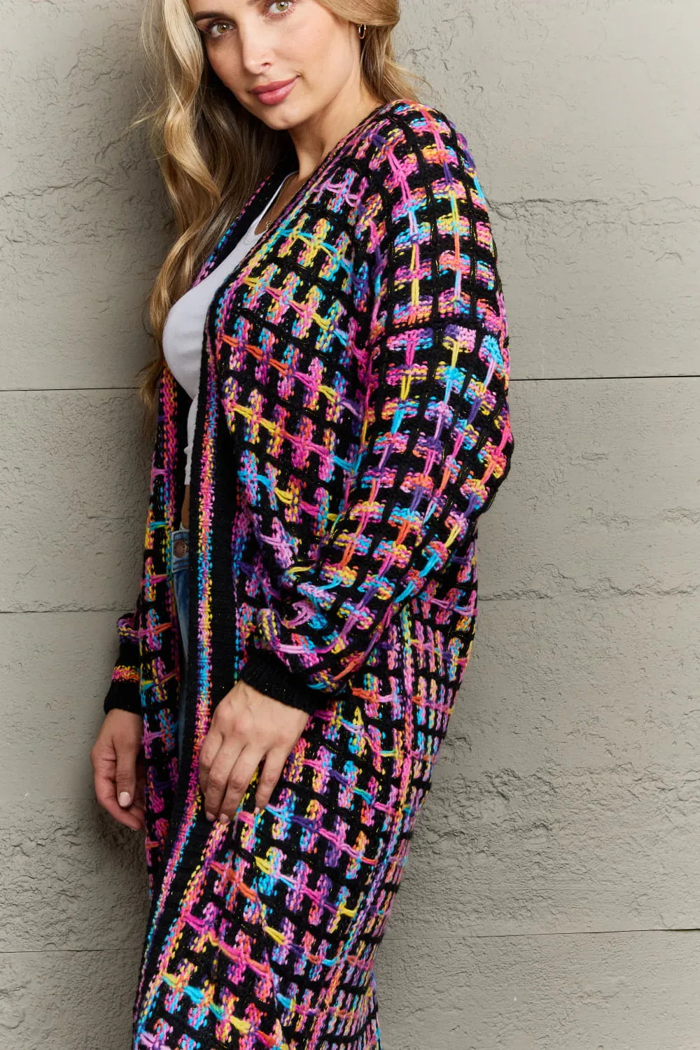 Multicolor Open Front Fringe Hem Duster Cardigan Bazarre Mart Multicolored Open Front Fringe Long Sweater