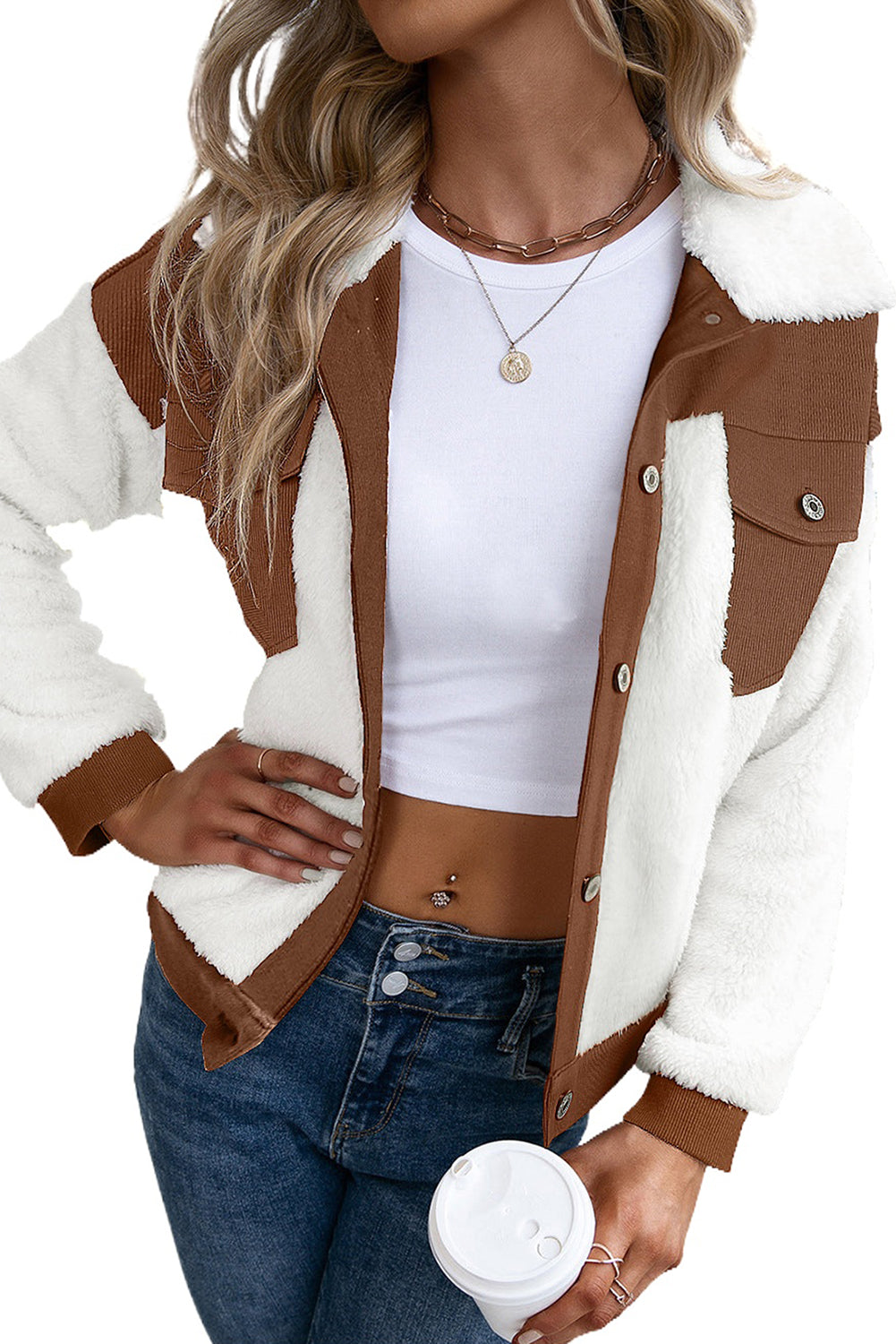 Brown & White Sherpa Corduroy Color Block Jacket