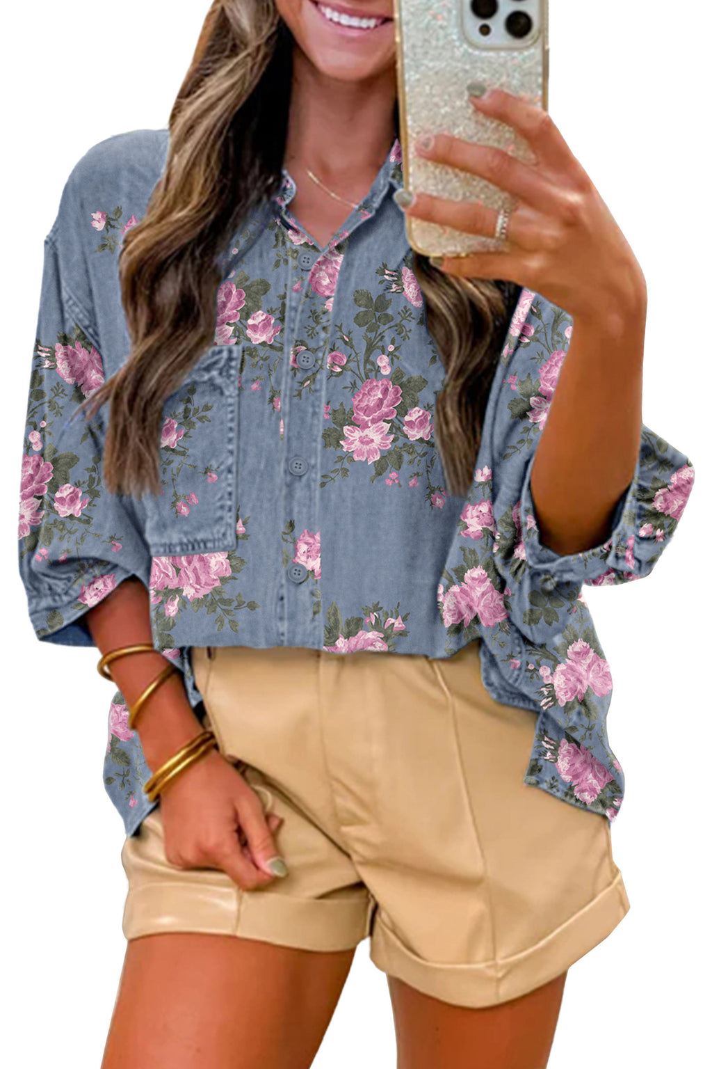 Blue Floral Denim Shirt – Bracelet Sleeve Lightweight Button Up Blouse