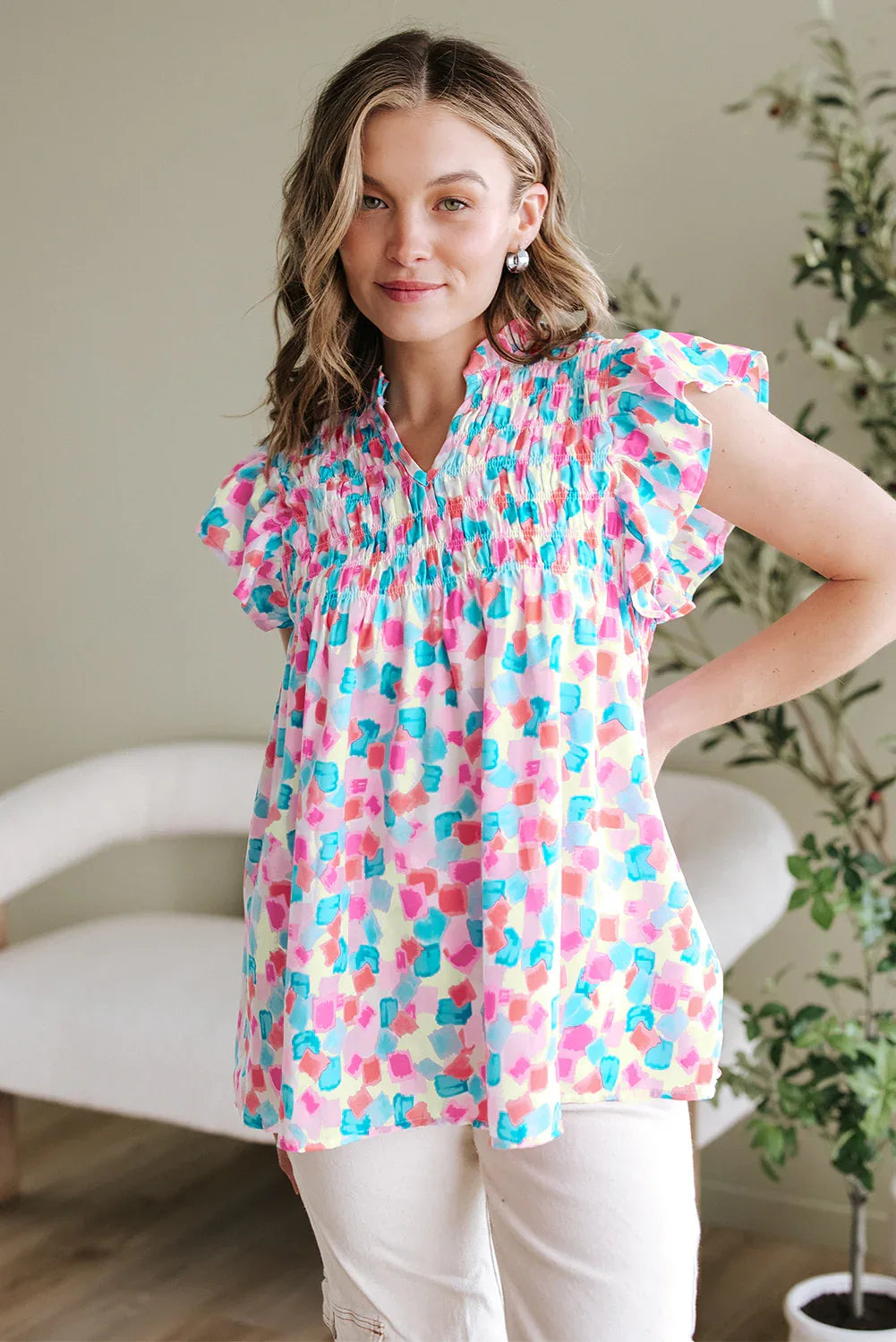 Shirred Yoke Ruffled Confetti Top Bazaare Mart Tops/Blouses & Shirts