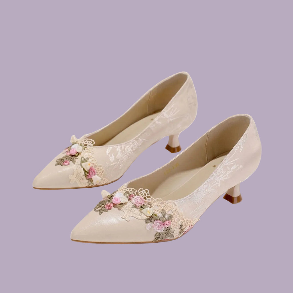 Beige Jacquard Kitten Heels – Pointed Toe Floral Embroidered Elegant Dress Shoe CJ Dropshipping Floral Pumps