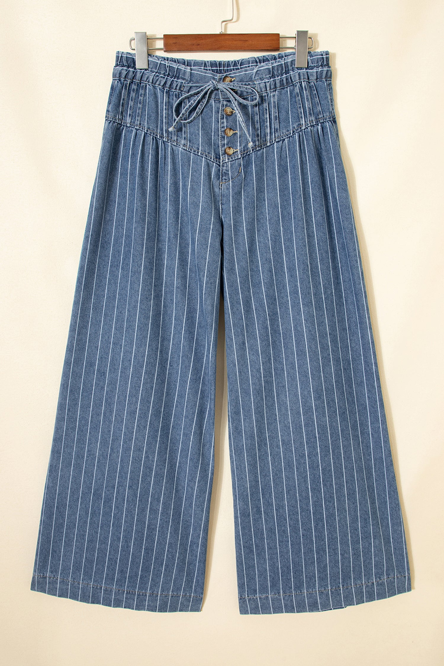 Sky Blue Stripe Button Pleated Drawstring Waist Casual Wide Leg Jeans Dear-Lover Dropshipping Bottoms/Jeans