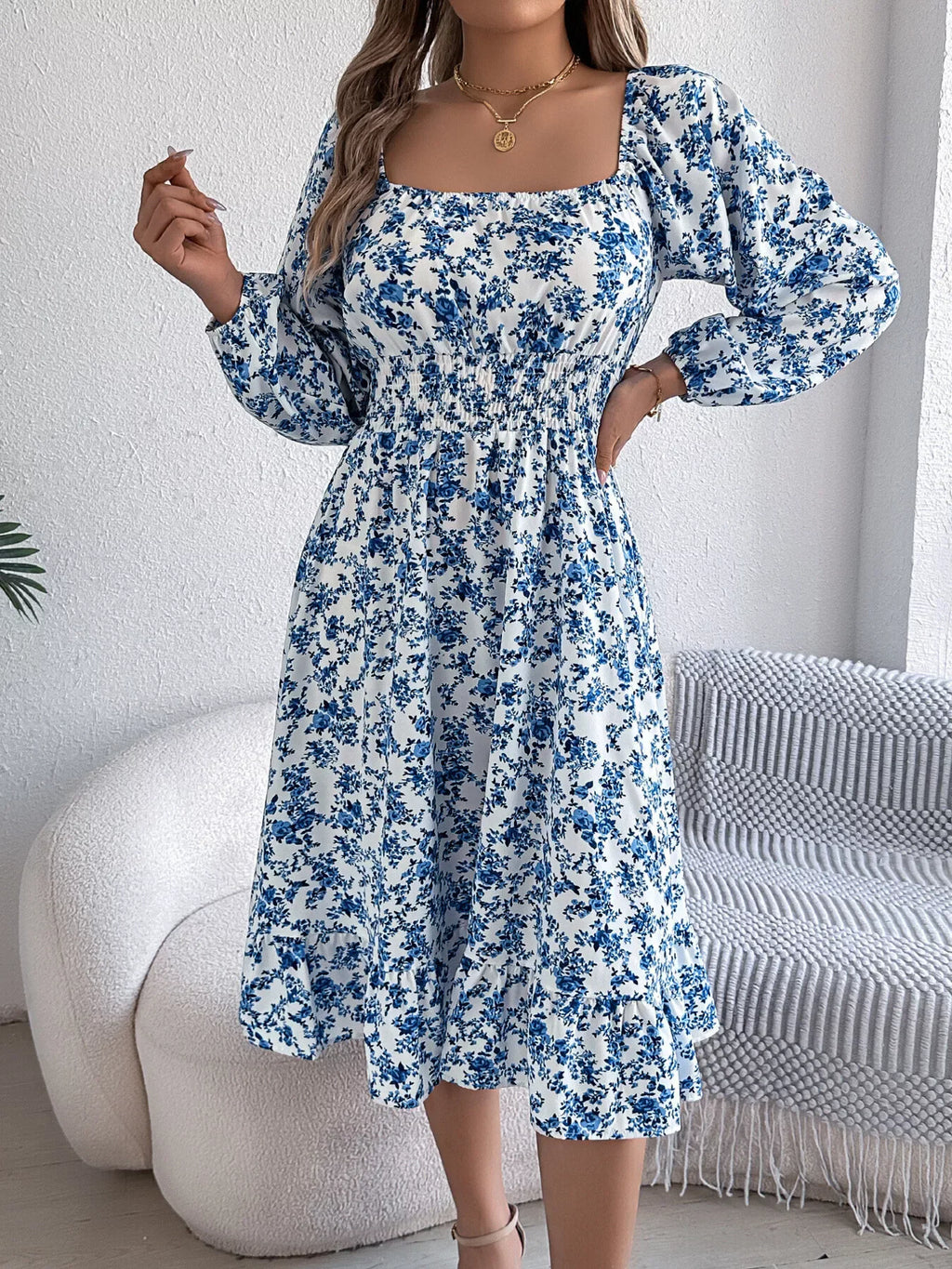 Floral Long Sleeve Square Neck Midi Dress Bazaare Mart Long Sleeve Floral Peasant Dress