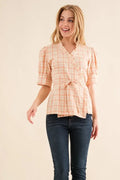 Salmon Plaid Ruffled Wrap Blouse SALMON Bazaare Mart Plaid Wrap Ruffle Blouse