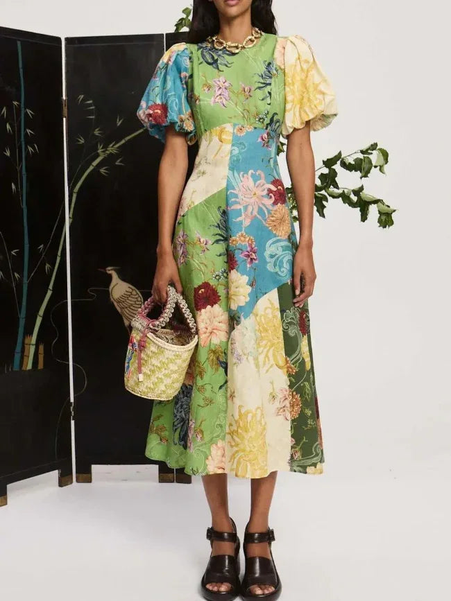 Green & Yellow Patchwork Puff Sleeve Midi Dress Bazaare Mart Floral Patch Midi Dress