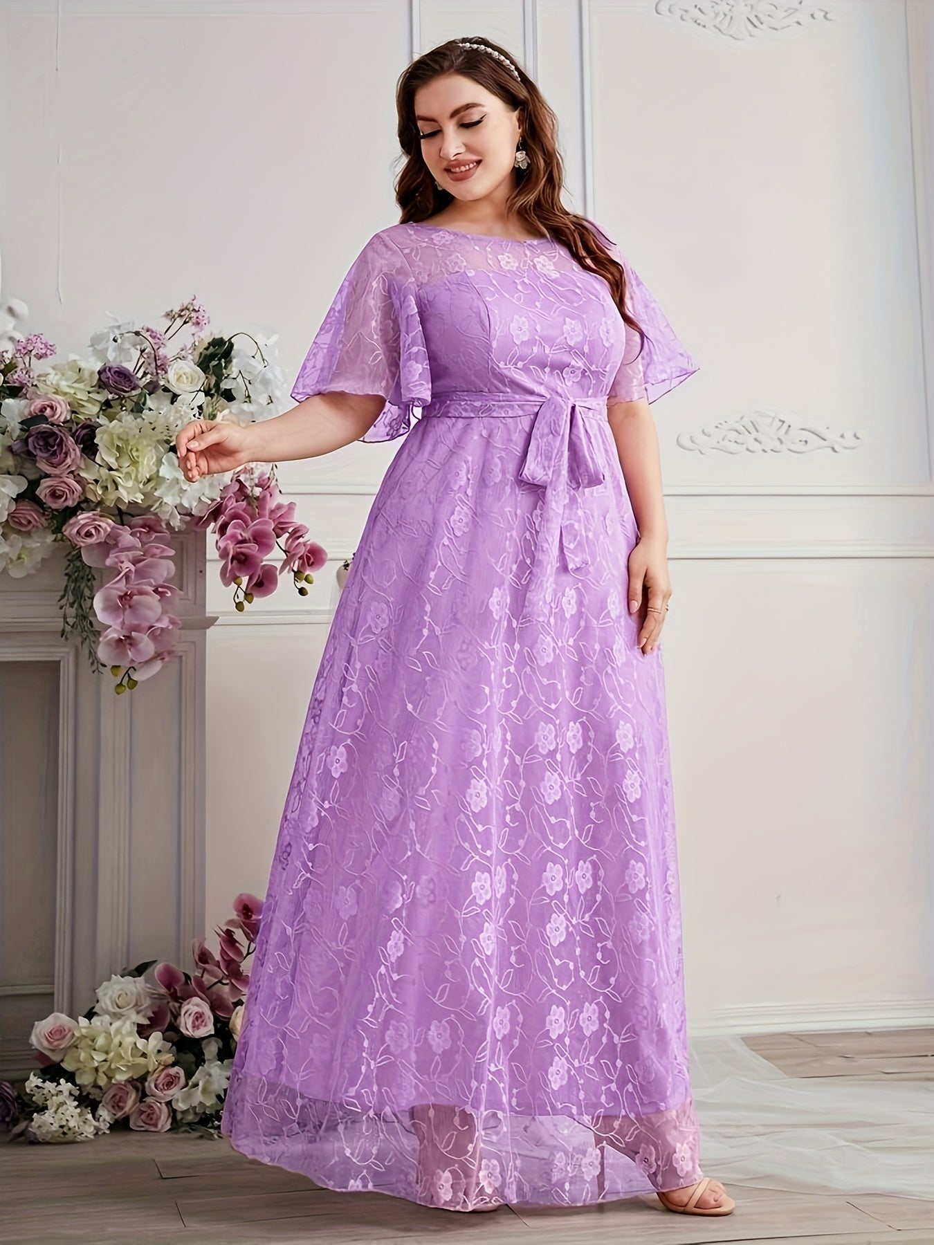 Elegant High Waist Lace Round Neck Half Flutter Sleeve Solid Color Formal Floor Length Dress
