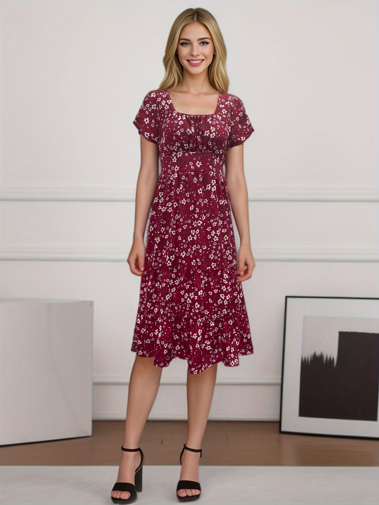 Short Puff Sleeve Floral Tiered Dress Small Pattern Wine Red CJ Dropshipping Ditsy Tiered Peasant Dress