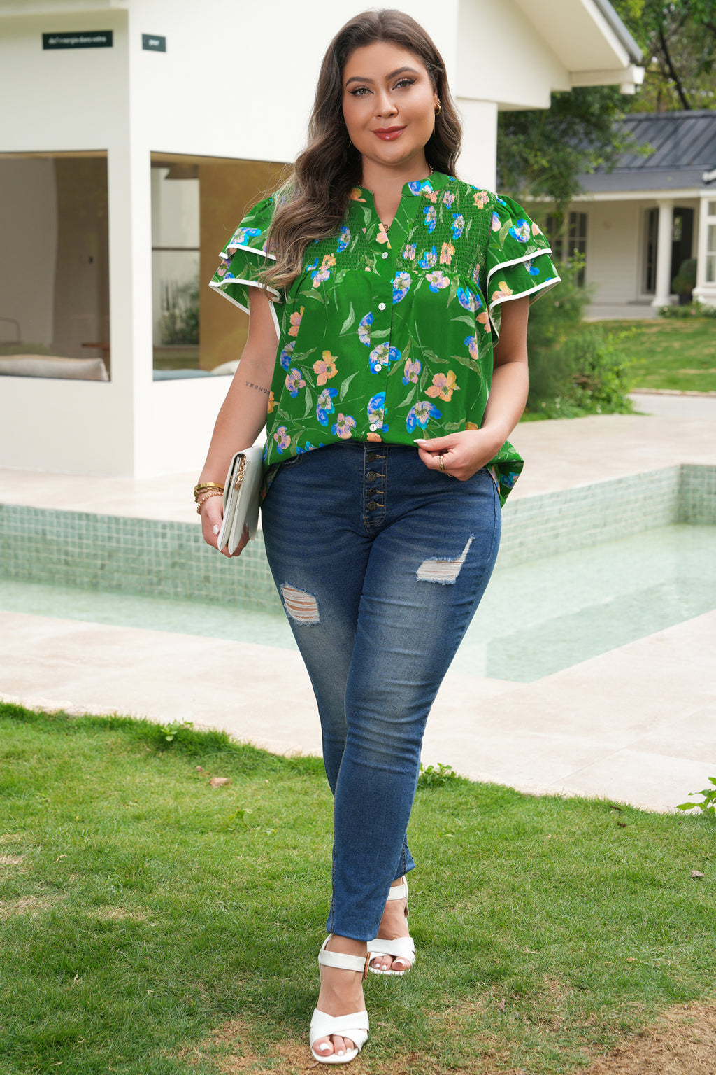 Green Floral Plus Size Button-Down Blouse