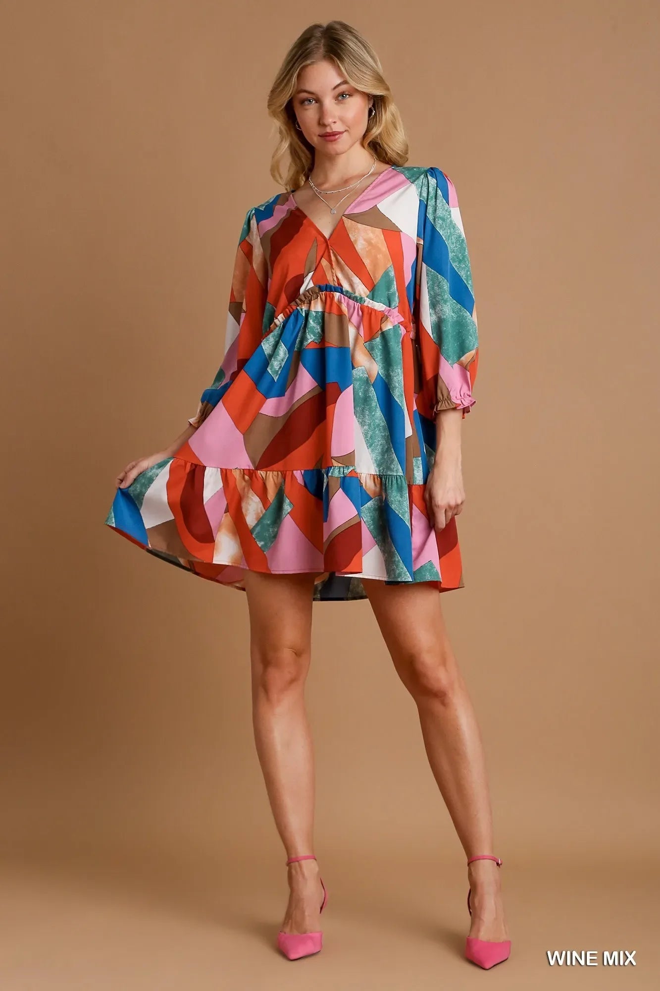 Umgee Abstract V-Neck Tiered Printed Dress Bazarre Mart Abstract Mini Dress