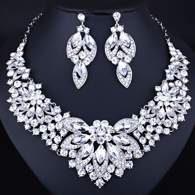 Crystal Rhinestone Flower Statement Necklace Earrings Two-Piece Set