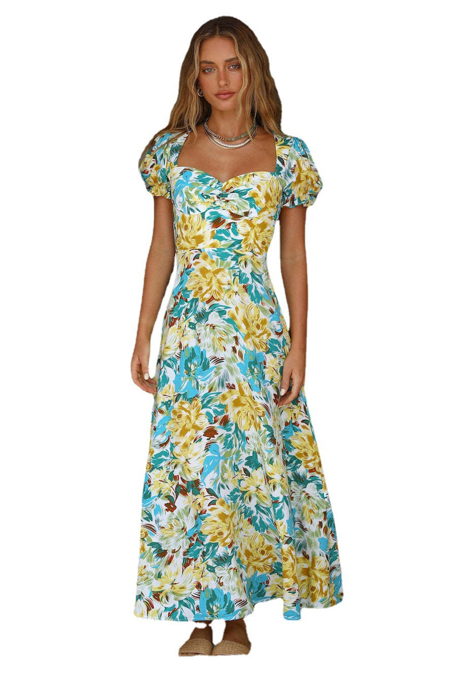 Short Puff Sleeve Blue And Yellow Floral Retro Maxi Dress Green CJ Dropshipping Blue Green Floral Maxi Dress