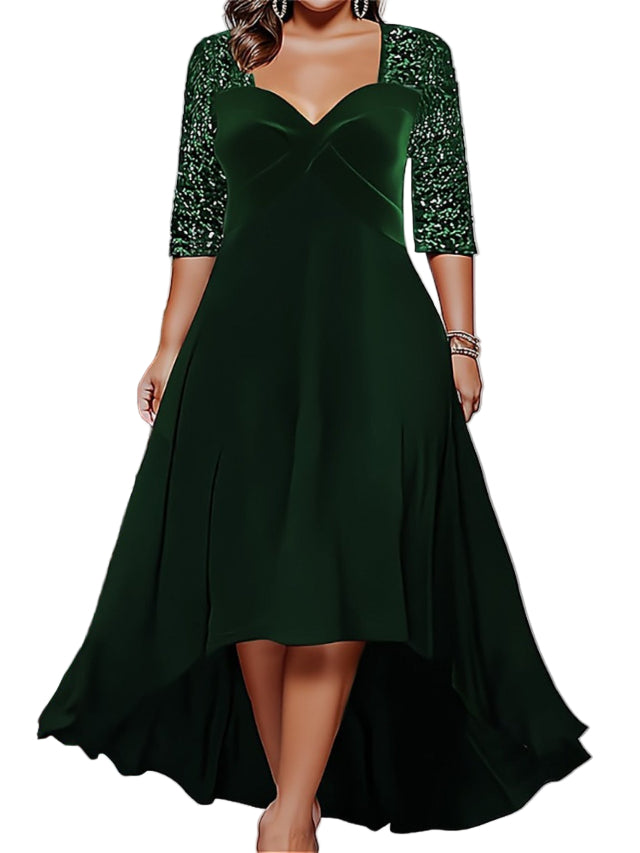 Elegant Sweetheart Neck 3/4 Sequin Sleeve Velvet High Low Midi Dress