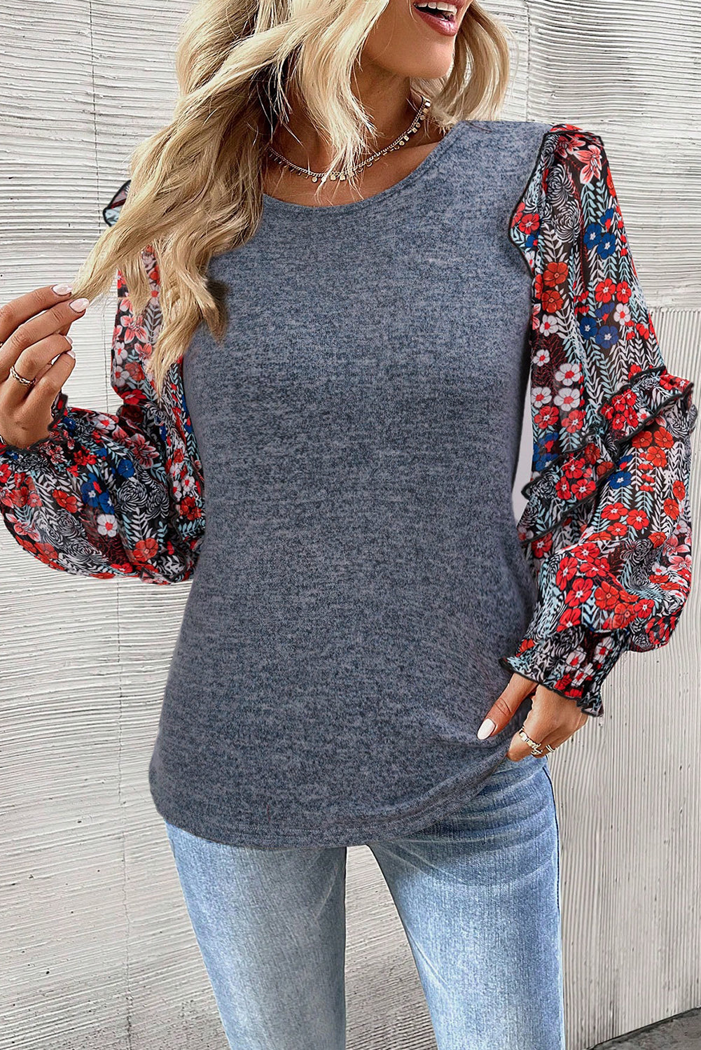 Blue Ruffle Tiered Floral Sleeve Crew Neck Top